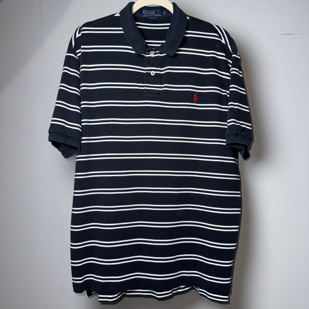 Polo Ralph Lauren Mens XL Black White Striped Cotton Pique Polo Shirt Red Pony